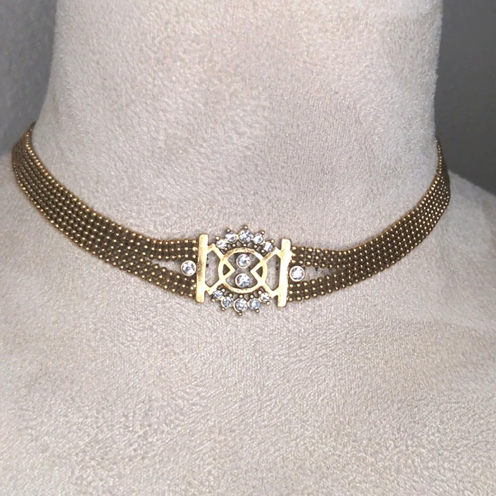 Express gold mesh art deco style chocker necklace w/ rhinestones - Picture 1 of 5